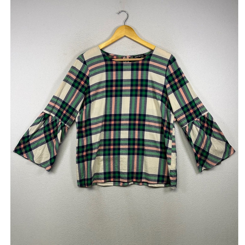 Preppy Plaid J.Crew Mercantile Women 10 Green Pink Bell Sleeve Ruffle Cotton Top